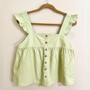 NWOT MOMNI Women's Green Ruffle Babydoll Button Blouse Cottagecore Peplum Size M